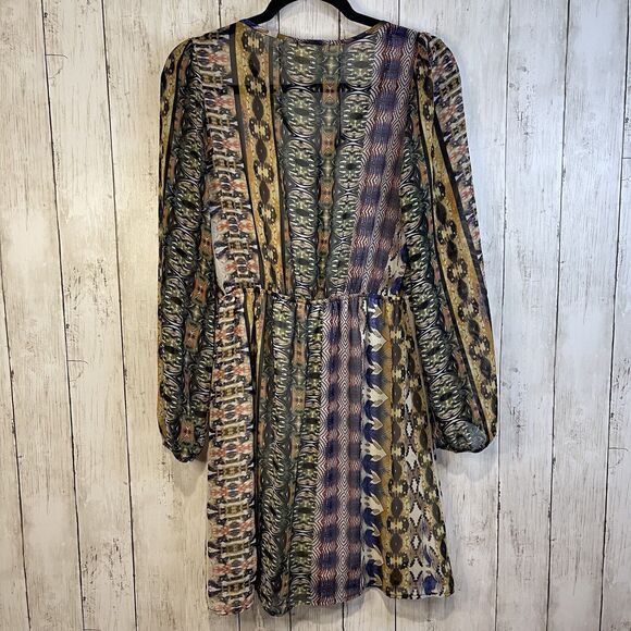 Everly Dress Medium Multi Print Shift Knee Length Sheer Tribal Geometric Boho - Picture 8 of 10